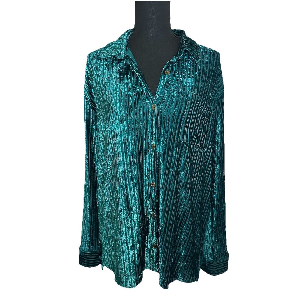 Umgee USA Women's Green Teal Faux Velvet Velour Button Up Blouse Oversized SMALL